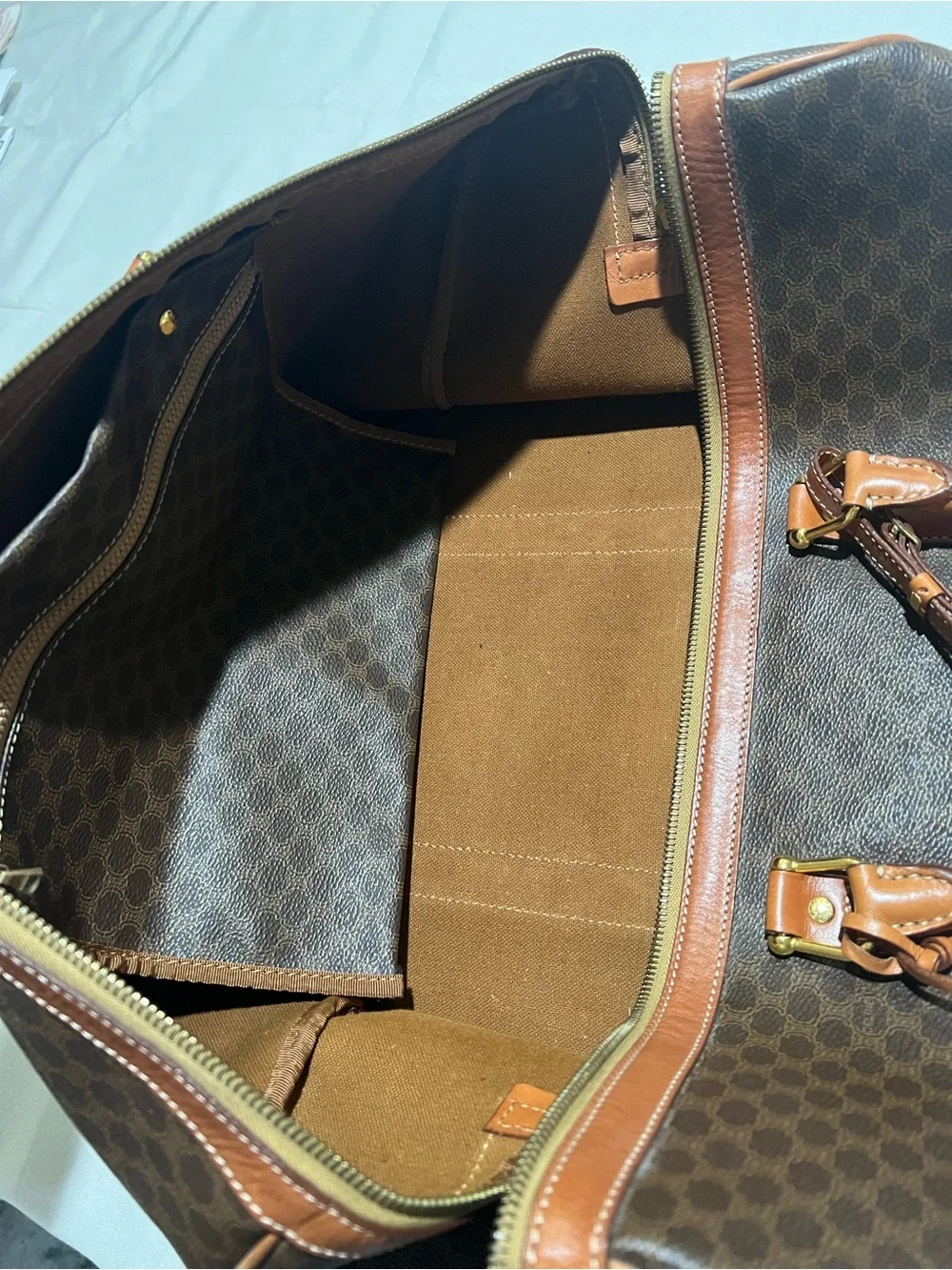Classic Celine Brown Leather-Trim Travel Duffel Bag